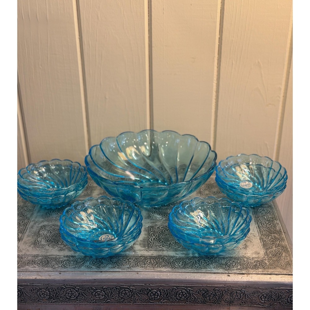 Vintage Hazelware Capri Azure Blue Glass Bowl Set, 9 Piece MCM 1960s Dessert Set